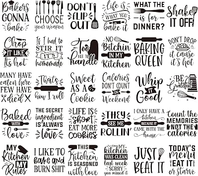 Kitchen Iron on Transfers for Clothing - 30 Sheets Funny Cooking DTF Transfers Ready to Press Iron on Vinyl Design Patches for T Shirt Jacket Pillow Bag DIY Decorations