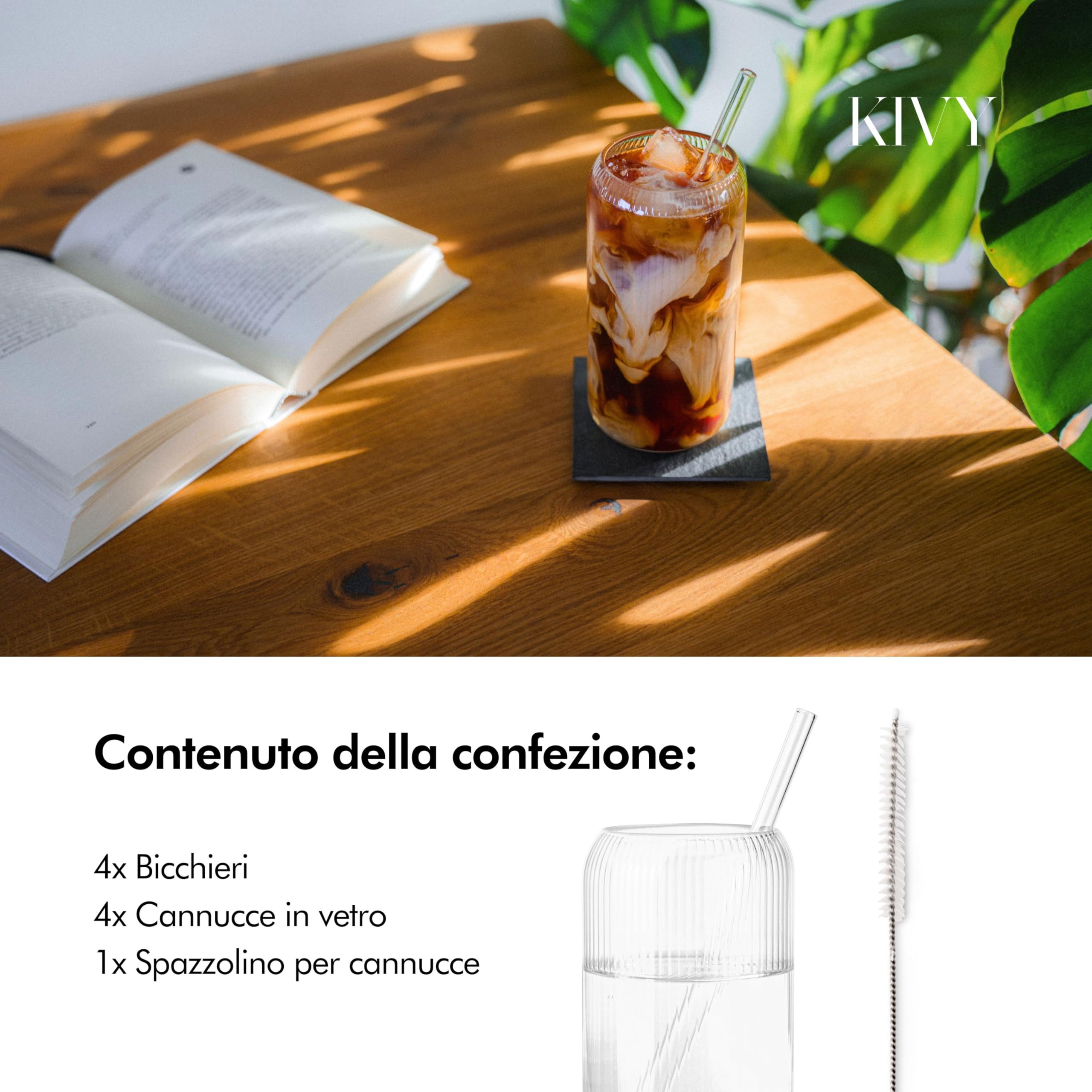 KIVY Bicchiere con Cannuccia Rigato [4x 450ml] Acqua, Caffè freddo e Matcha - Set Bicchieri Acqua Vetro - Bicchiere Vetro con Cannuccia - Bicchieri Ghiacciato - Senza BPA -Lavabile in Lavastoviglie