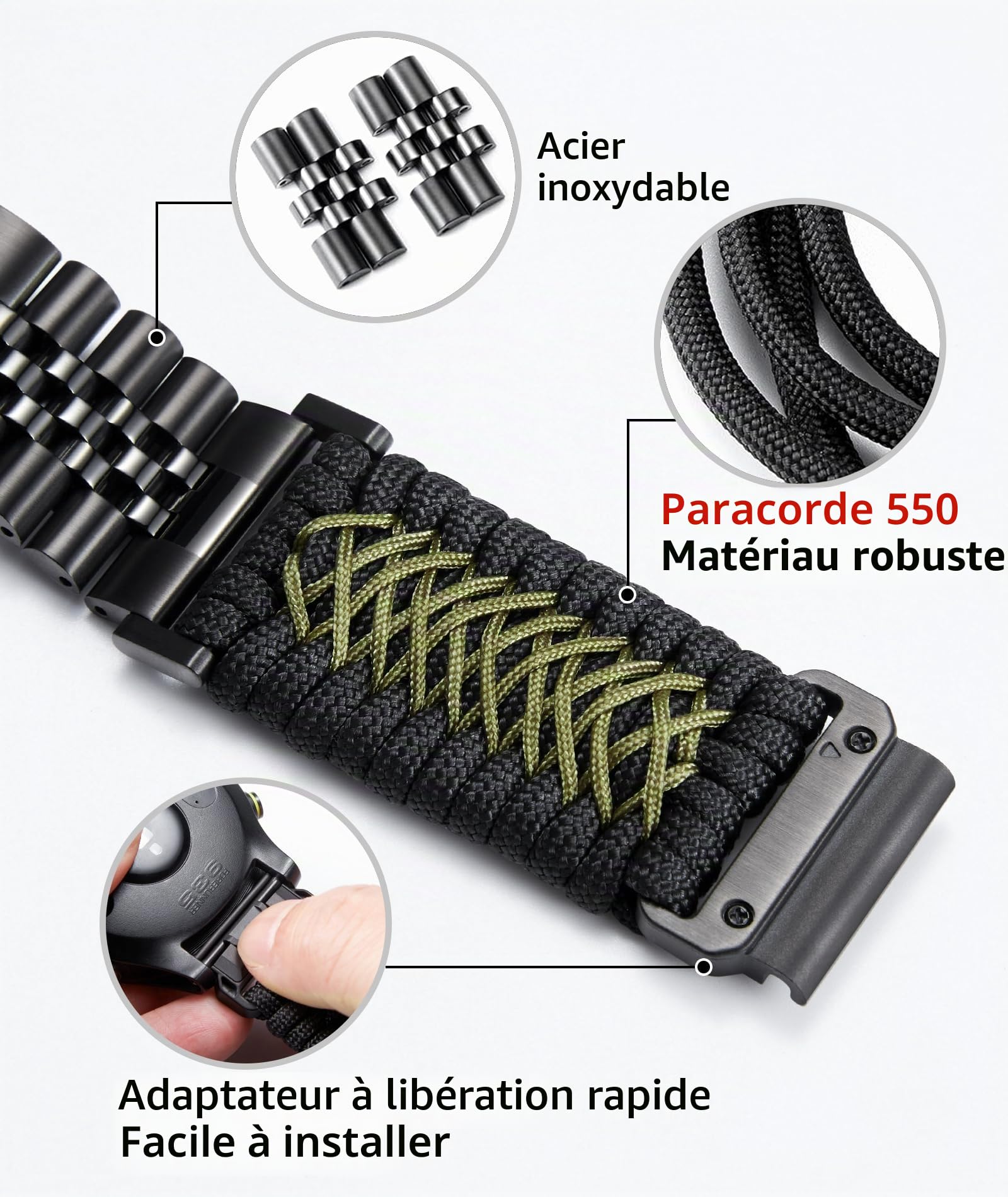 BINLUN Compatible avec Garmin Watch Bracelet 22mm 26mm Tressé 550 Paracorde Acier Bracelets Montre Compatible avec Quickfit Compatible avec Fenix Compatible avec Forerunner Compatible avec Approach