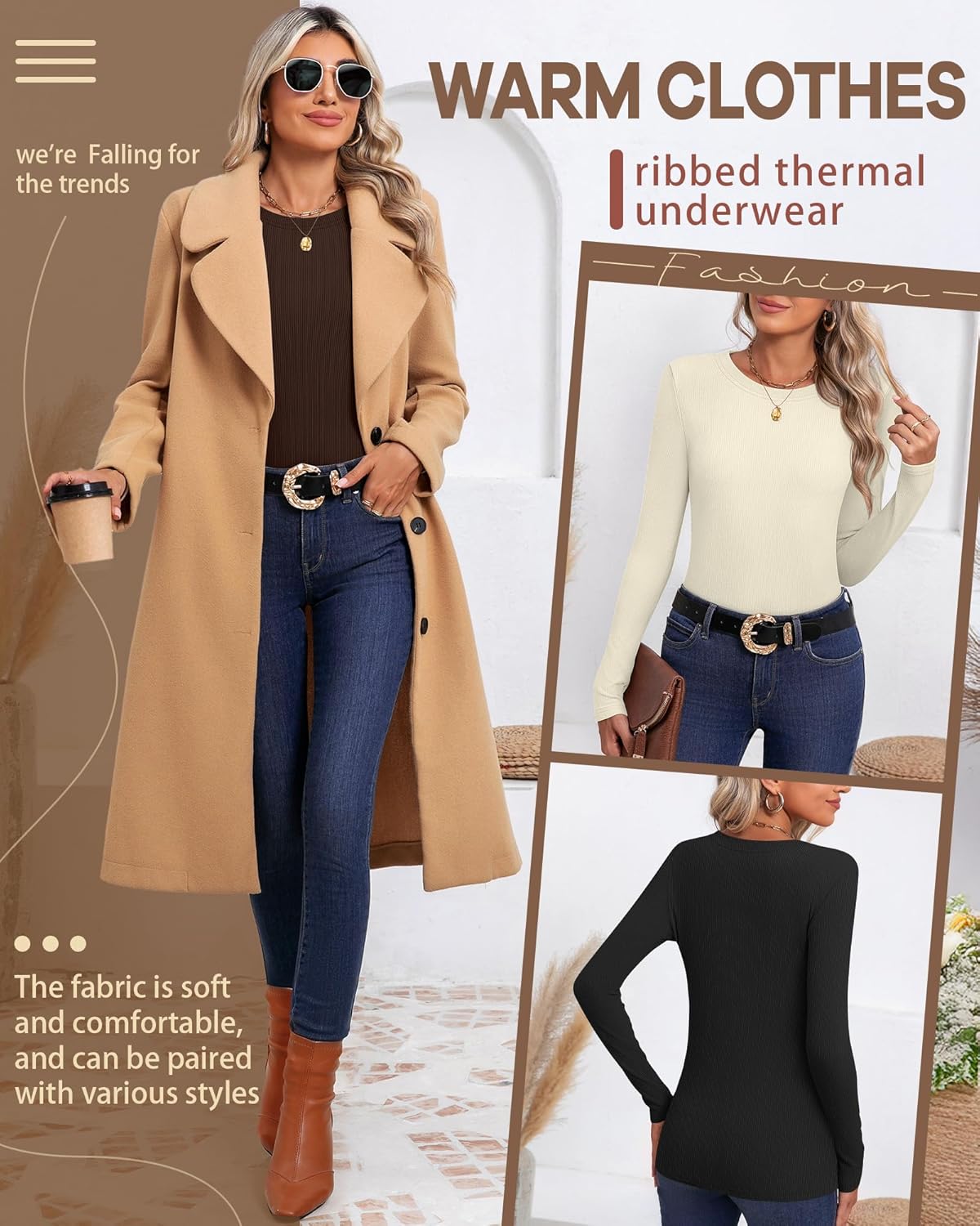 3 Pack Women's Ribbed Long Sleeve Thermal Tops Thin Fleece Lined Crew Neck Shirts Warm Basic Undershirt for Winter - Image 6