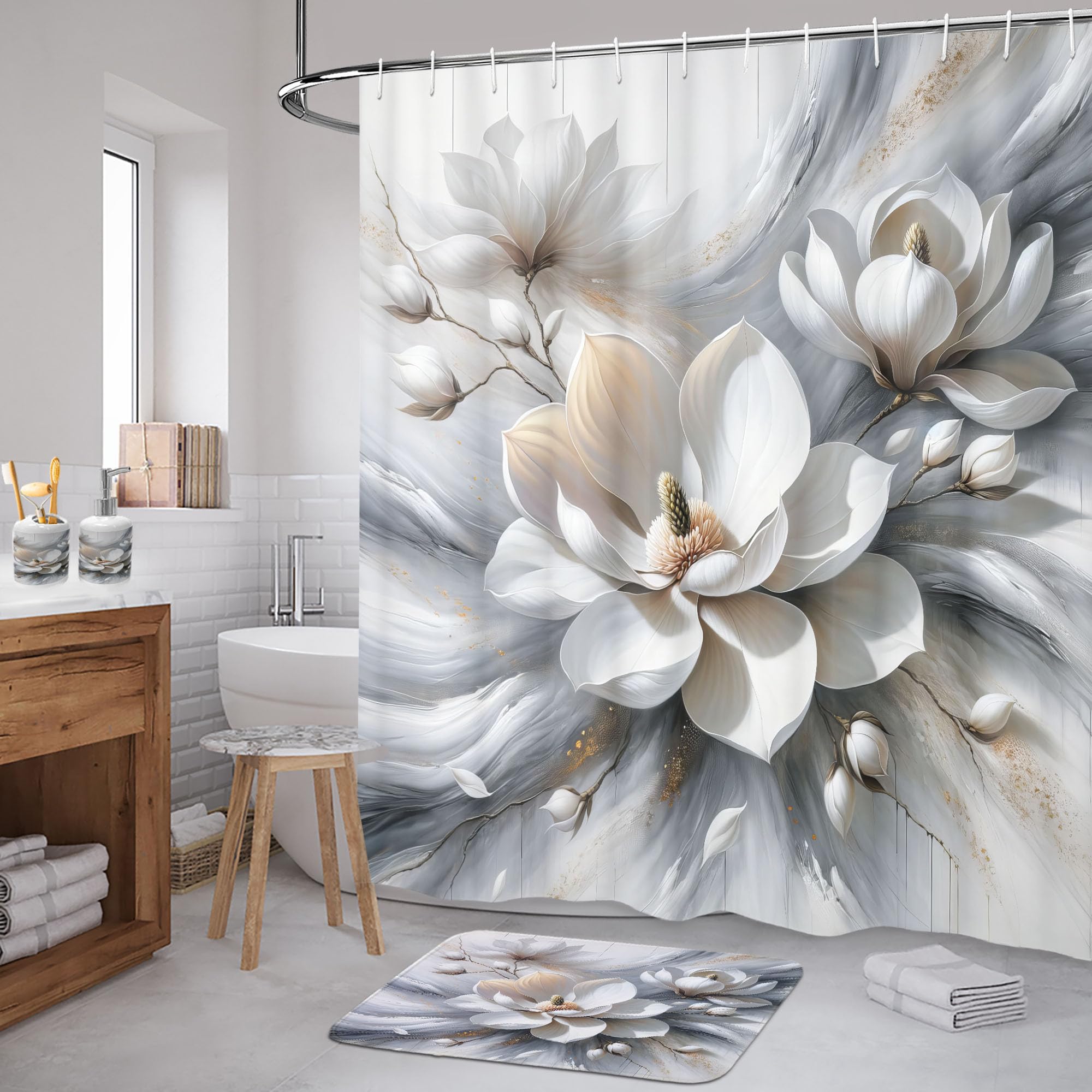 Ambesonne Badezimmer-Set 4-teilig Mit Duschvorhang, Badematte, Seifenspender & Zahnbürstenhalter – Magnolie Design
