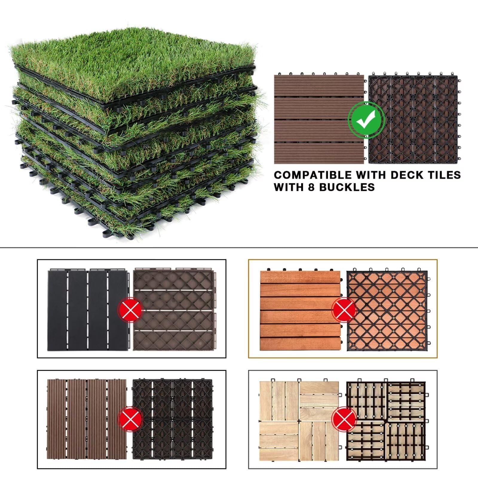 XLX TURF Piastrelle in erba artificiale ad incastro, per terrazza, autodrenante, con fibbia rettangolare ad incastro, 30 x 30 cm, confezione da 6