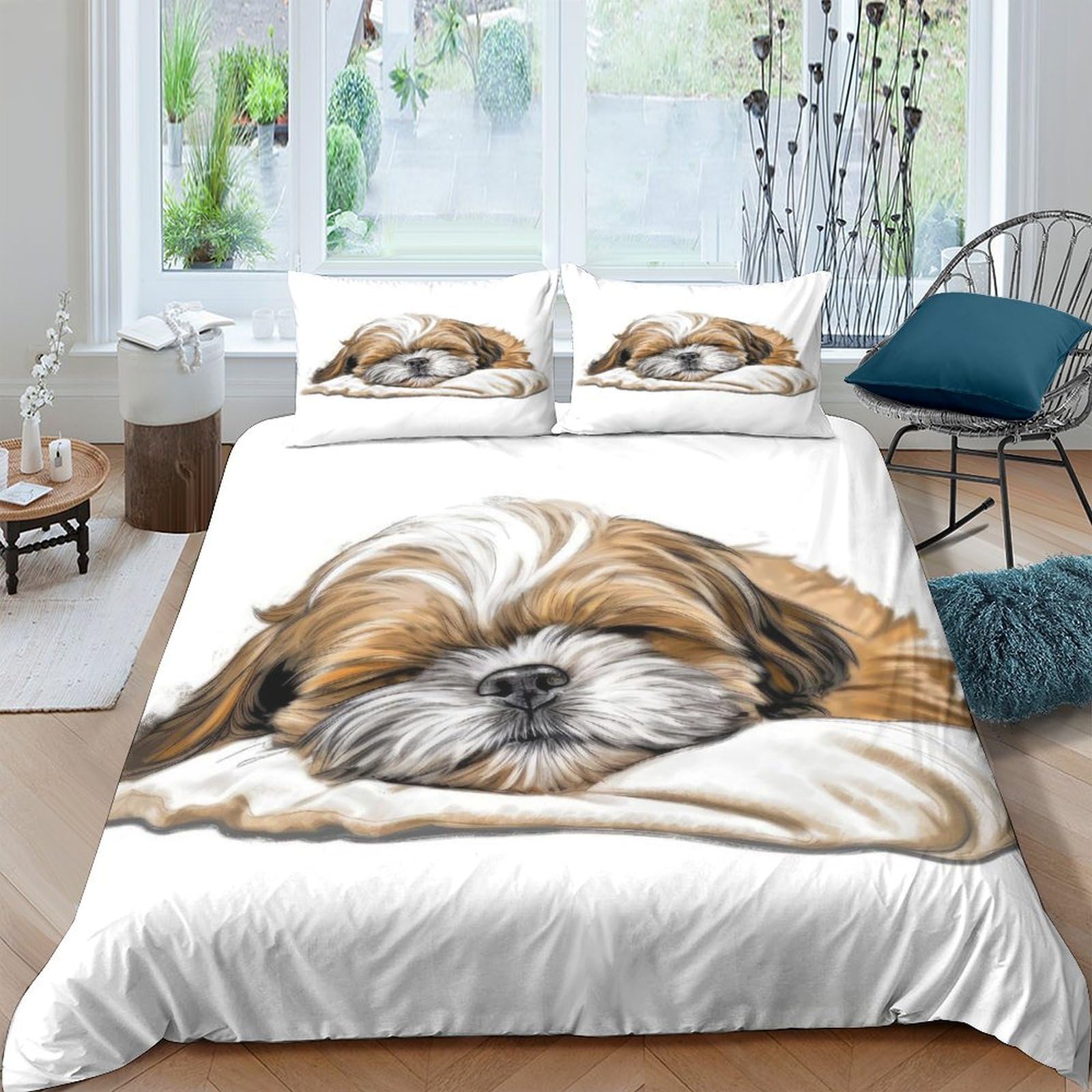 TNFHSOFT Shih Tzu Bedding Set Duvet Cover Soft Microfiber Pillowcase Quilt Cover with 3DPrinted With Zipper Closure ，Cute Dog Design for Kids Teenagers Adult Double（200x200cm）