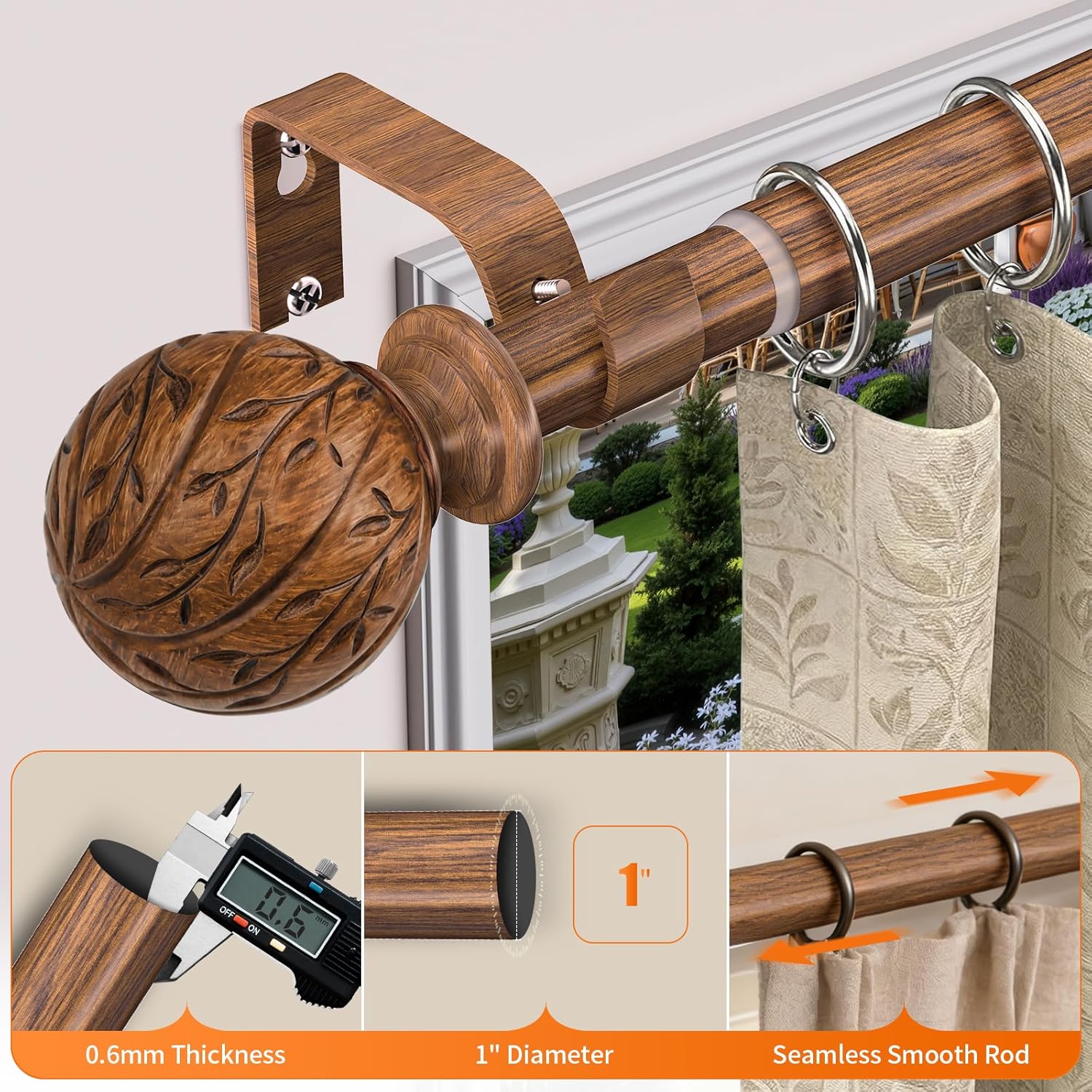 Wood Curtain Rods for Windows 18 to 45 Inch, 1" Adjustable Heavy Duty Boho Drapery Rod Decorative Curtain Rods with Finials Rustic Window Treatment Rods for Kitchen Farmhouse Bedroom Patio