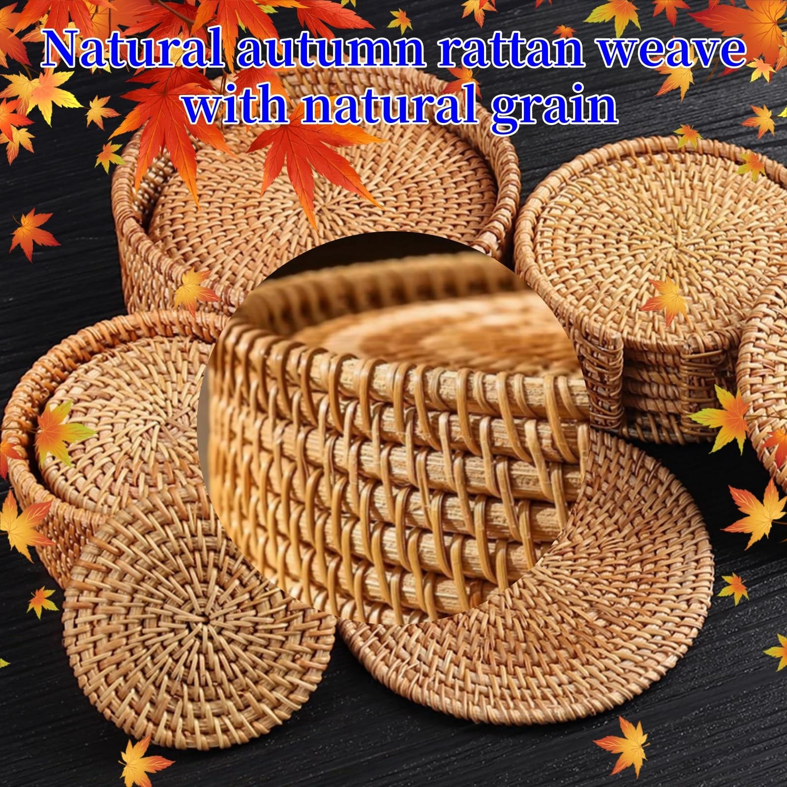6er Set Rattan-Untersetzer, Rund Durchmesser 10-20cm Tischuntersetzer Herbst-Rattan-Flechten für Getränke, Tassen, Bar - Dekorative - Glas untersetzer Set (16cm Satz)