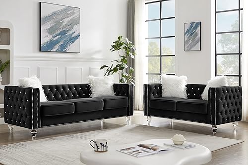 Miniatura 12 de mikibama Sofá biplaza de terciopelo con botones y brazos cuadrados de 59 pulgadas, sofá capitoné con tachuelas decorativas recortadas y patas de