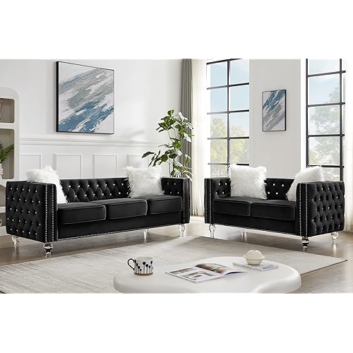 mikibama Velvet Loveseat with Buttons and Square Arms 59 Inch Tufted Sofa with Trimmed Nailhead and Metal Legs Loveseat Couch for Living Room, Bedroom (Black-Crystal Legs, Loveseat + Sofa)