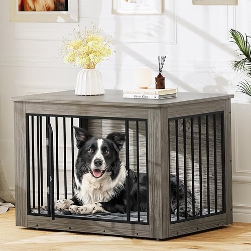 Miniatura 7 de YITAHOME Mueble de jaula para perros grandes, mesa auxiliar lateral, perrera moderna para perros de interior hasta 60 libras, jaula para perros de
