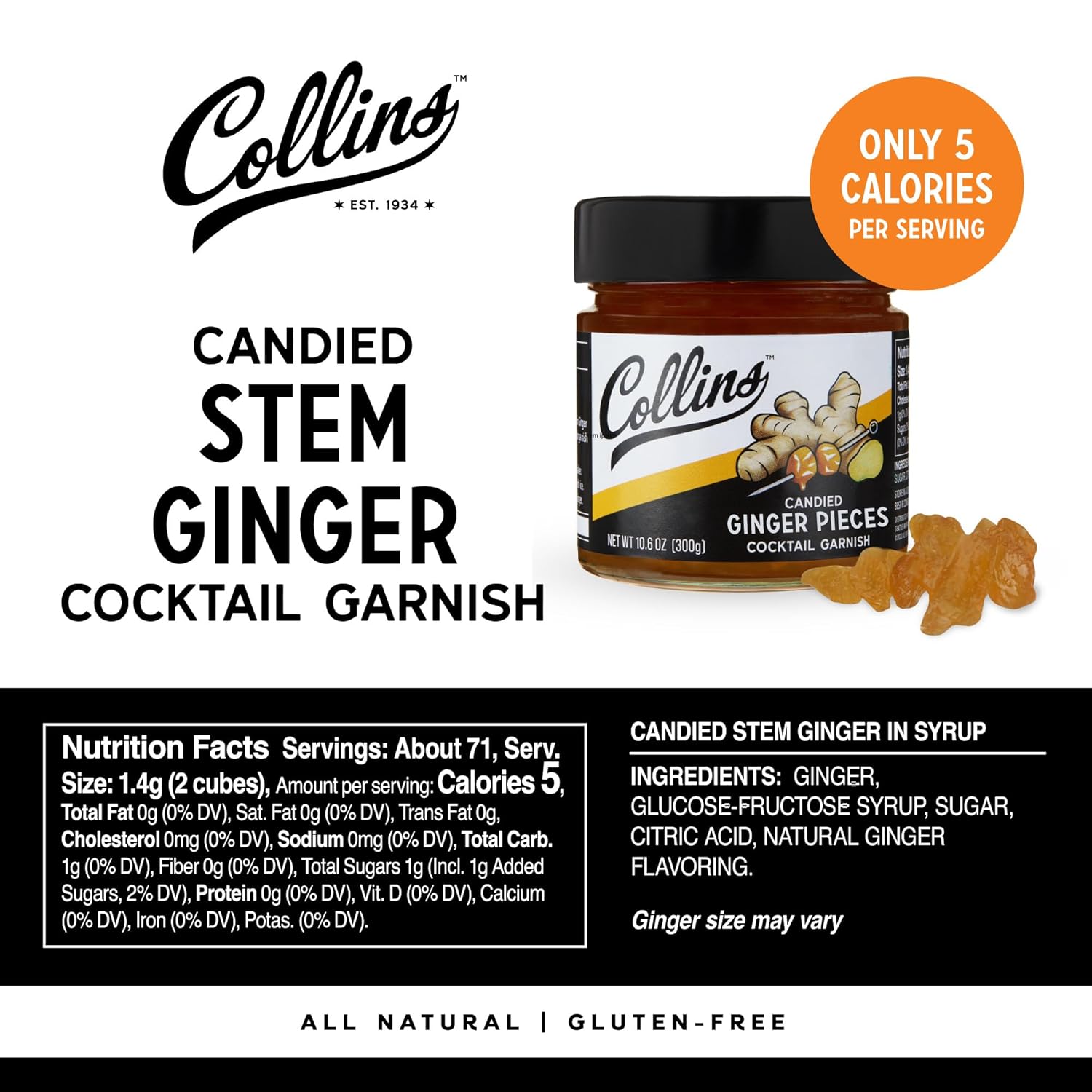 Collins Candied Ginger Pieces in Syrup for Cocktails, Gluten Free Skinny Cocktail Garnish for Moscow Mule, Iced Tea, Ideal for Bars, Restaurants, Hotels, Desserts, Baking Supplies, 10.6 oz, Set of 6