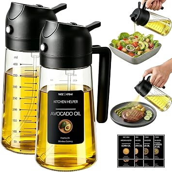 Poshetion 2 in 1 Olive Oil Sprayer for Cooking, 16oz Oil Dispenser for Kitchen, Leak-Proof Oil Spray Bottle for Air Fryer, Salad, BBQ, Baking, Grilling - Black & Black