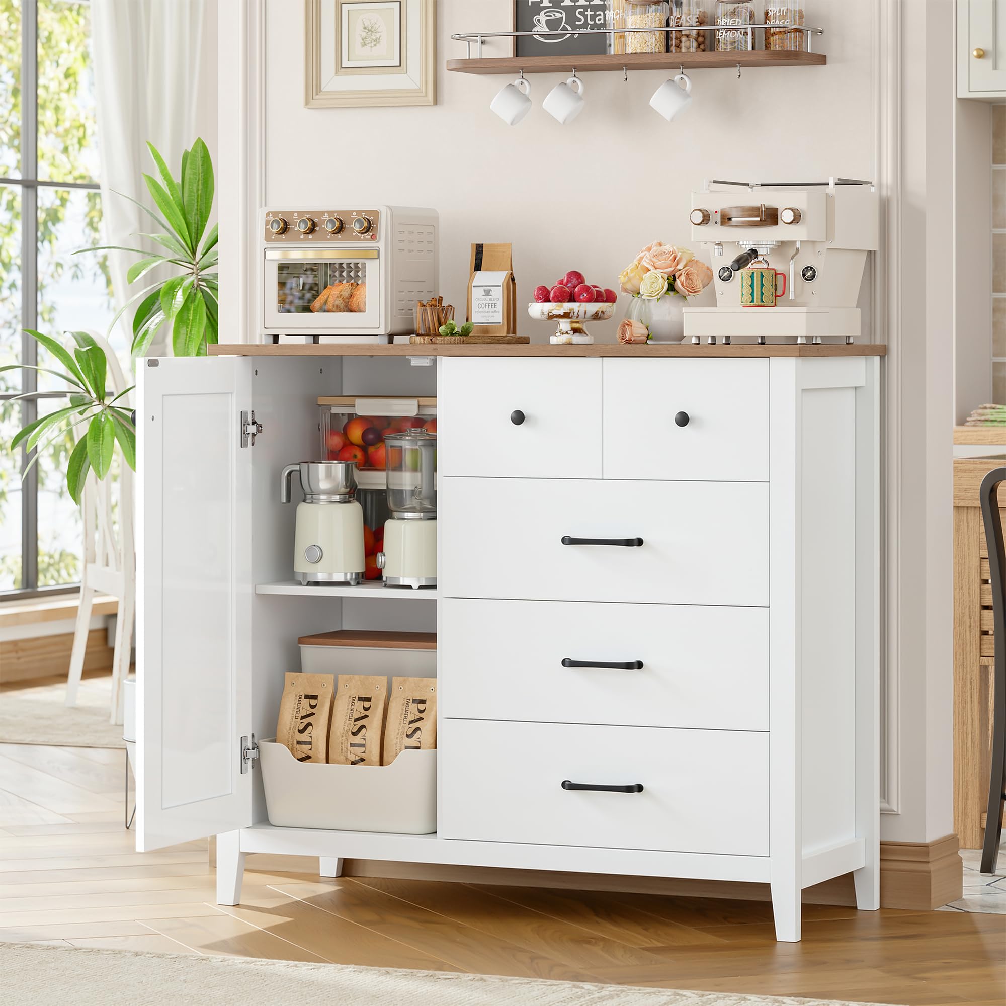 HOCSOK Küchenschrank Weiß, Sideboard mit 5 Schubladen und 1 Türe, Buffetschrank mit Arbeitsplatte für Küche, Esszimmer, Wohnzimmer, Flur, Holz, 100x94x40 cm