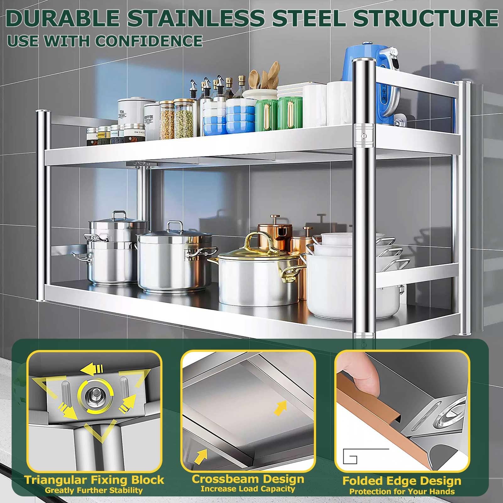 Mensola da parete in acciaio inossidabile a 2 livelli, unità di scaffalatura da parete, scaffale organizer per impieghi gravosi per ristorante, cucina, bar, ufficio(120X30X55CM)