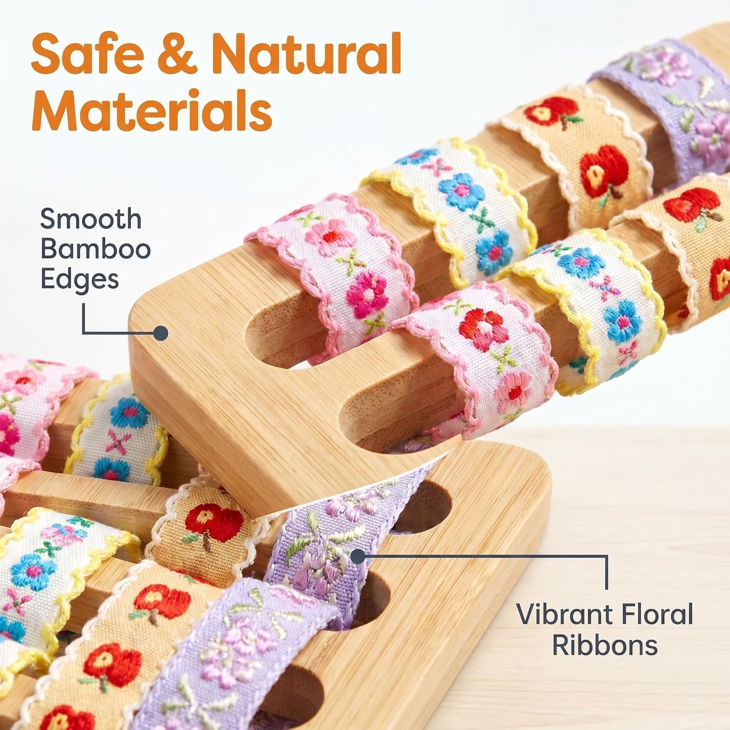 COTTOVE Lacing Toys Wooden Open Ended Busy Board with Floral Ribbons Kid Weaving Board Handwork Preschool Loose Parts