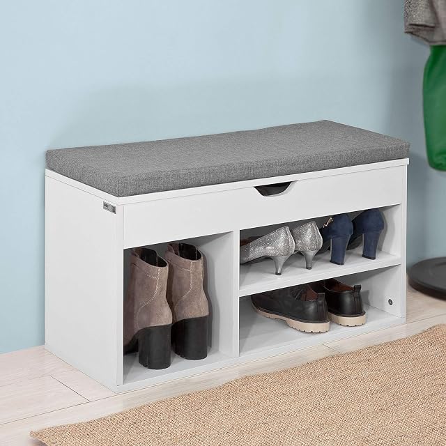 SoBuy® FSR45-HG, White Shoe Storage Cabinet Shoe Rack Shoe Bench with Lift Up Bench Top and Grey Cushion