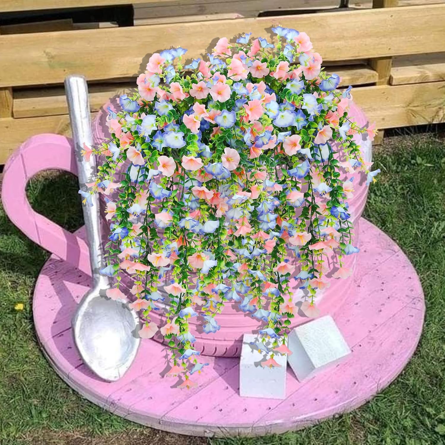 Artificial Hanging Flowers Fake Plants for Outdoors Decor 2 Pack Faux Silk Morning Glory with Eucalyptus UV Resistant for Outside Home Indoor Planter Porch Patio Balcony Yard Decor (Pink & Blue) - Image 9