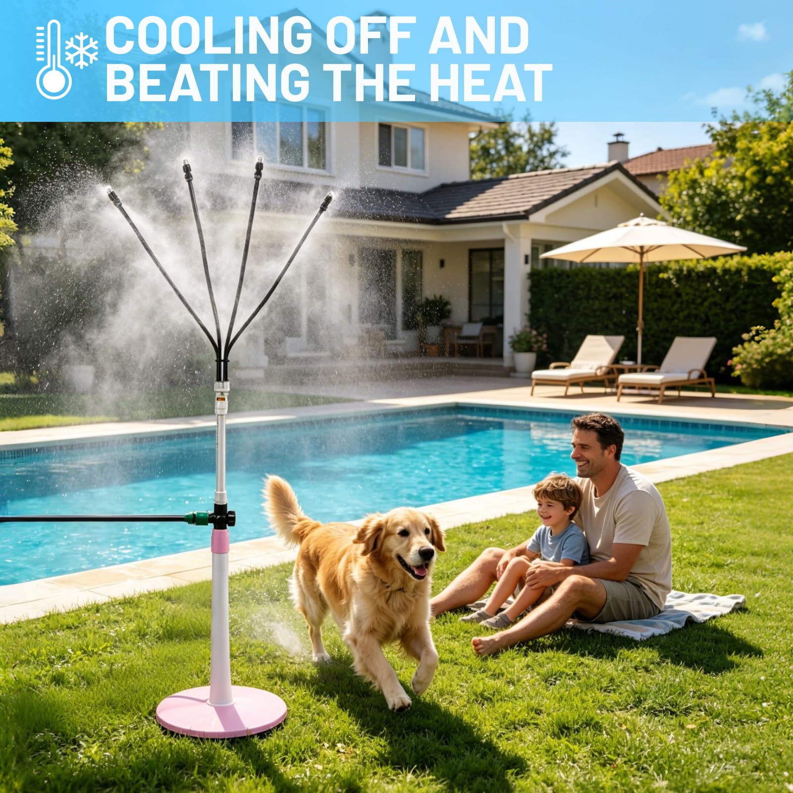 Sistema de riego de pulverización de pie, altura ajustable con manguera de 10 m, boquilla de latón, niebla triangular, refrigeración para exteriores, jardín, terraza, piscina, salón de bronceado (115