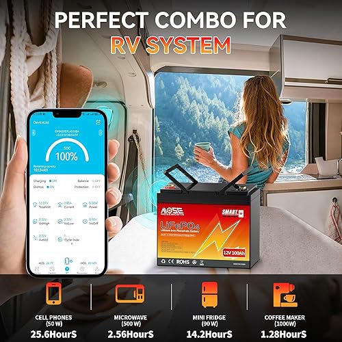 Miniatura 8 de Batería de litio LiFePO4 de 12 V 100 Ah con Bluetooth, BMS integrado, protección a baja temperatura, más de 5000 ciclos, celdas de batería de