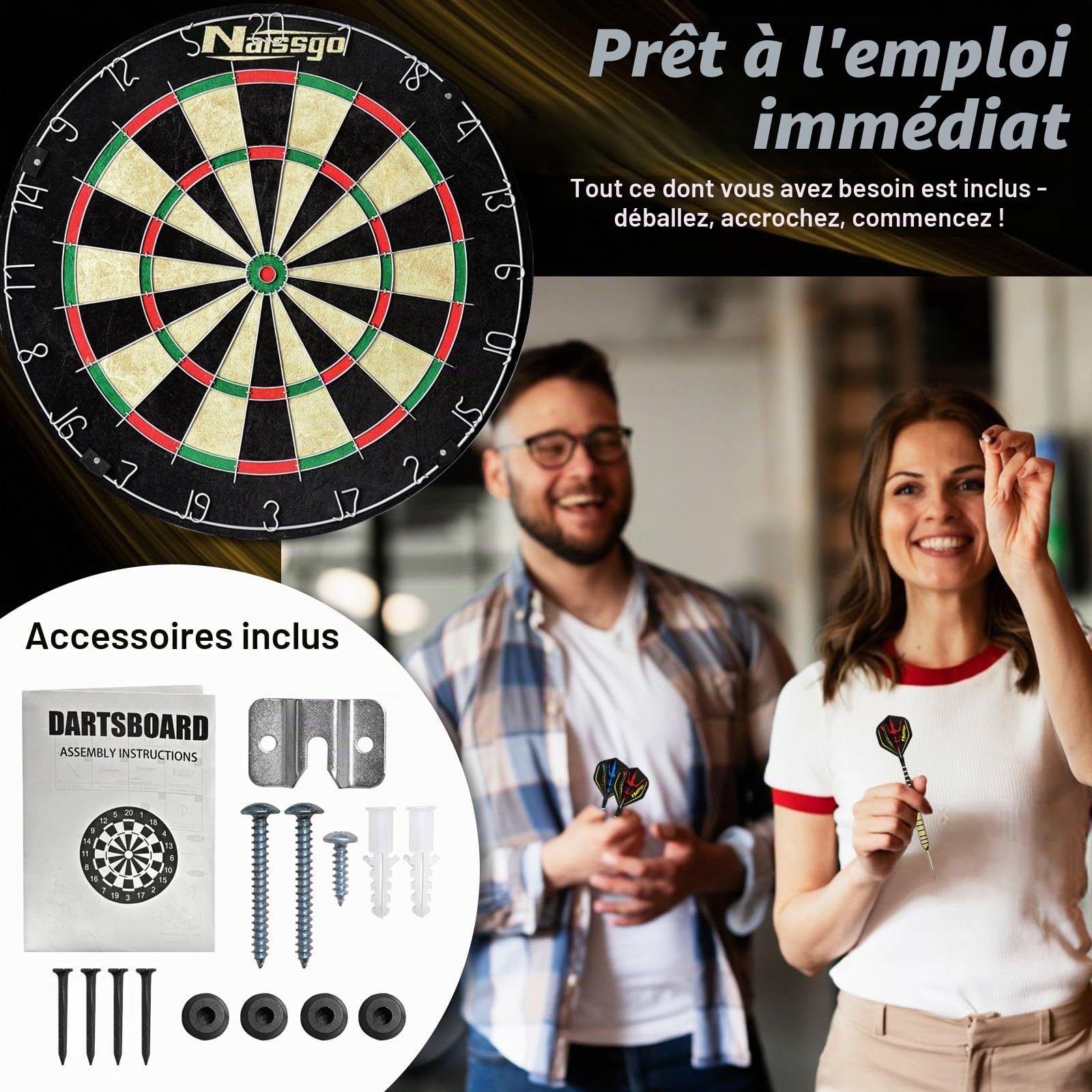 Cible de fléchettes avec flèches, cible de fléchettes Bristle classique, avec anneau numéroté, jeu de fléchettes en sisal, avec 6 jeux de fléchettes à pointe en acier