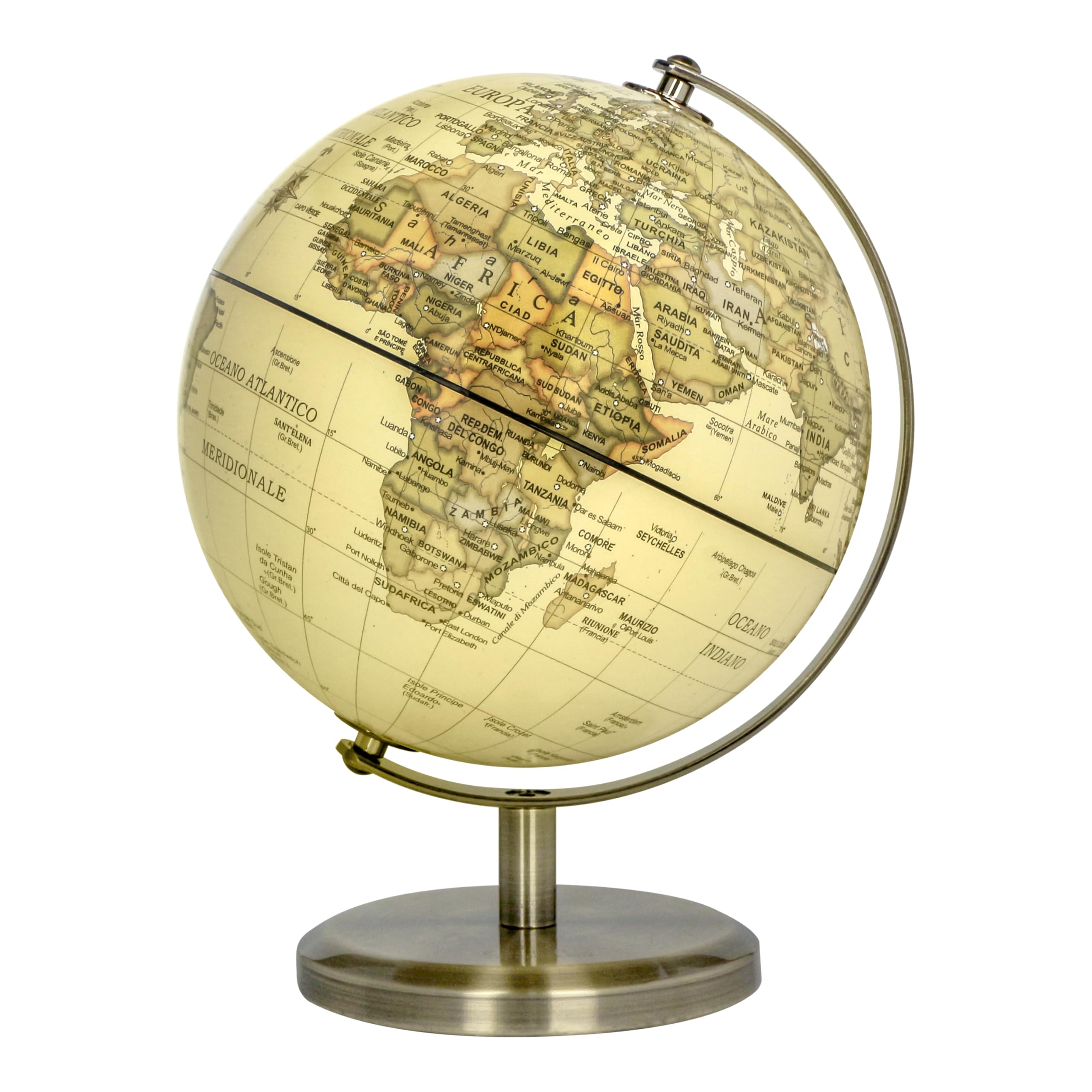 Exerz Antique 14Cm 14Cm World Globe Mini Antique Globe - Italian Map - Educational/Geographic - 14Cm Diametre Metal Arc And Base Bronzed Colour Vintage