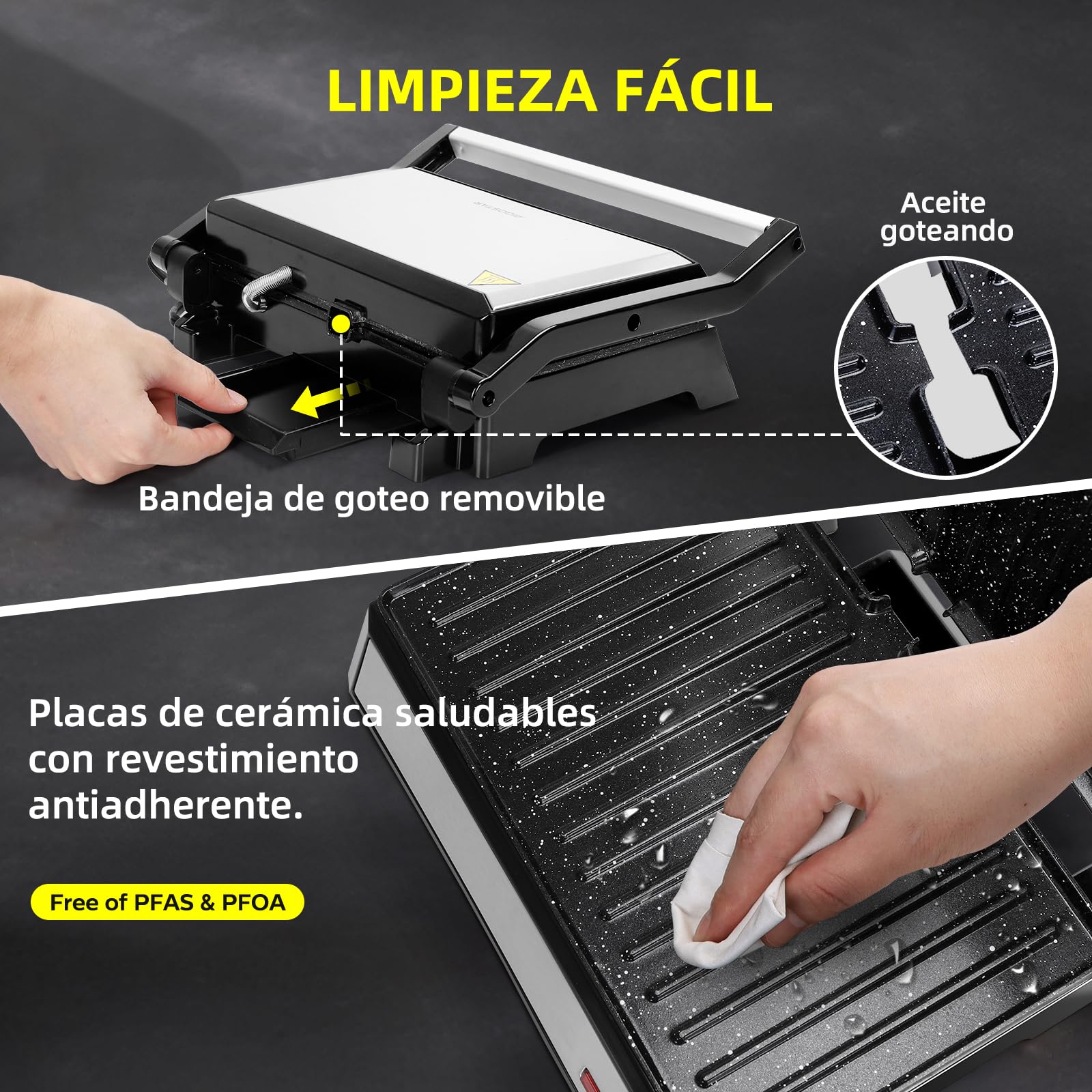 Aigostar Parrilla Eléctrica 1500W | Placas con Revestimiento 27x17 cm | Apertura 180° | Placa Flotante | Libre de PFAS y BPA | Sandwichera Grill | Hett Pro