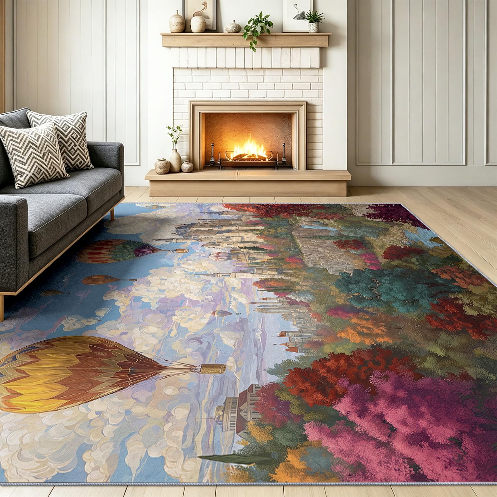 Schloss Heißluftballons Hügel Fantasie Traumhaft Teppich - Rutschfester Waschbarer Ultraweicher Niedriger Flor Flächenteppich, für Wohnzimmer Schlafzimmer Kinderzimmer - 120 x 170 cm