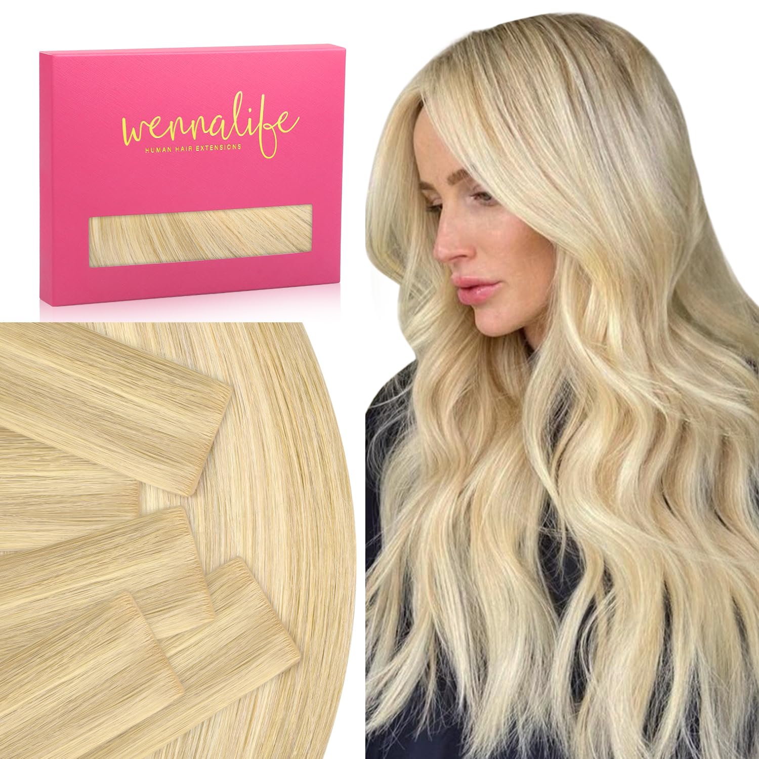 WENNALIFE Invisi Edge Tape in Hair Extensions Human Hair, 18 Inch 25g 10pcs Light Blonde Highlighted Golden Blonde Invisible Luxury Remy Hair