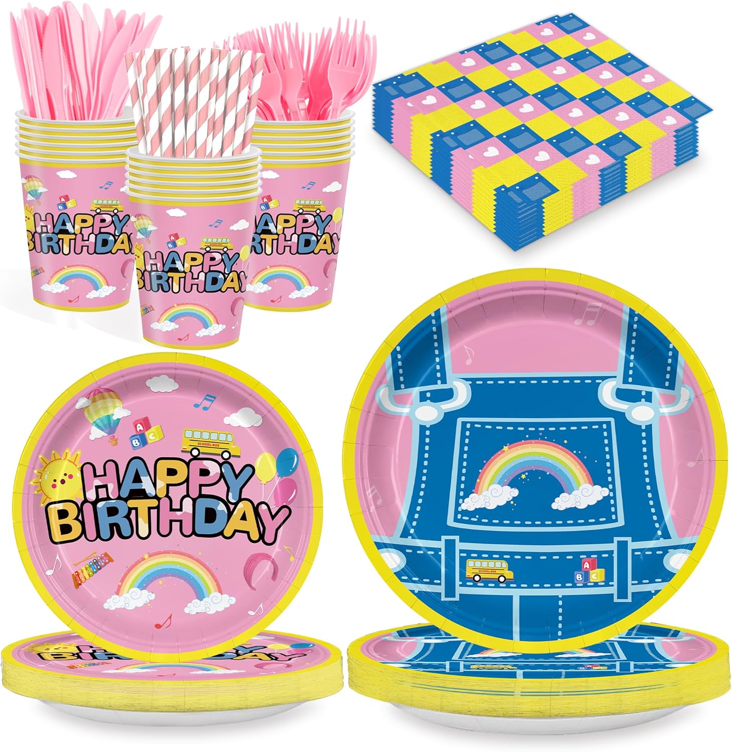 168PCS Cartoon Teacher Party Supplies for Girls Boys Kids Happy Birthday Party Decorations Dinnerware Set Paper Plates Napkin Cups Forks Knives Straw Tableware for 24 Guests