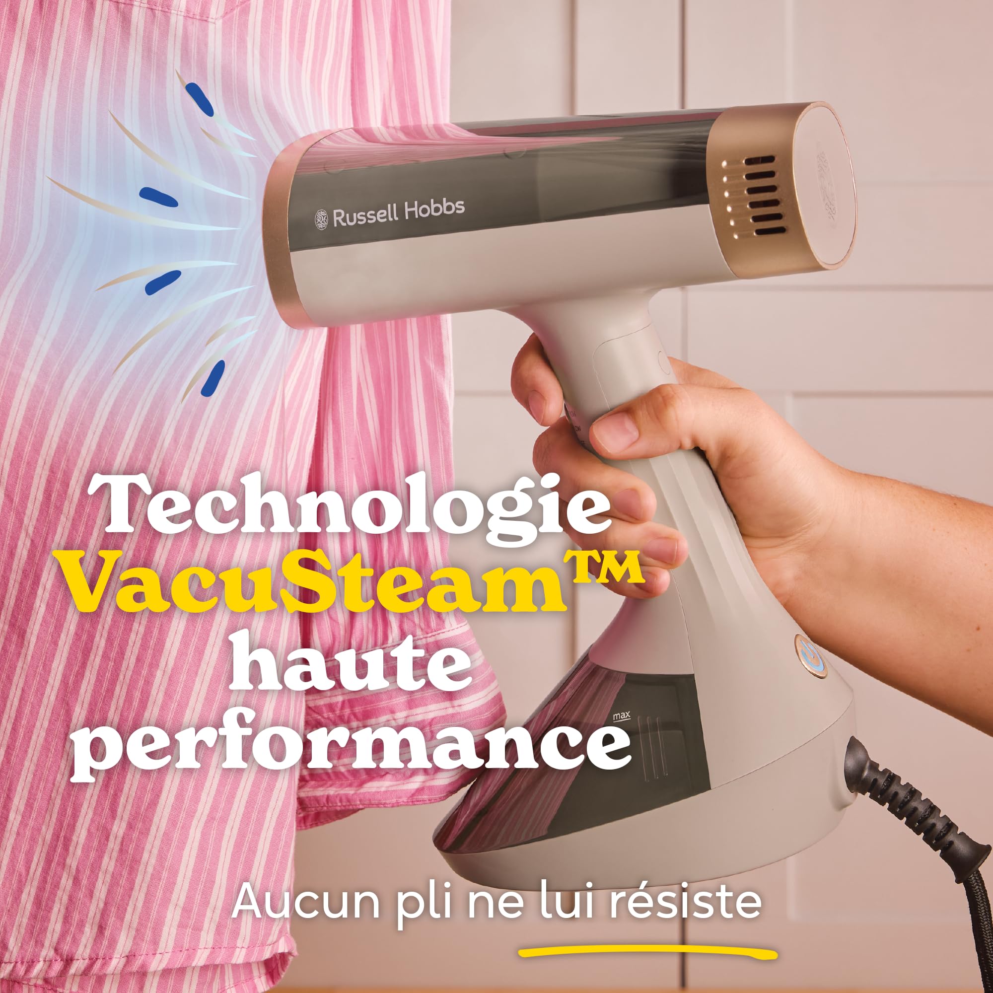Russell Hobbs Défroisseur à main vapeur [Technologie d'aspiration] Fer à repasser VacuSteam (3 modes vapeur/d'aspiration, réservoir 200 ml, chauffe en 35 s, plaque céramique,pour tous tissus) 28551-56
