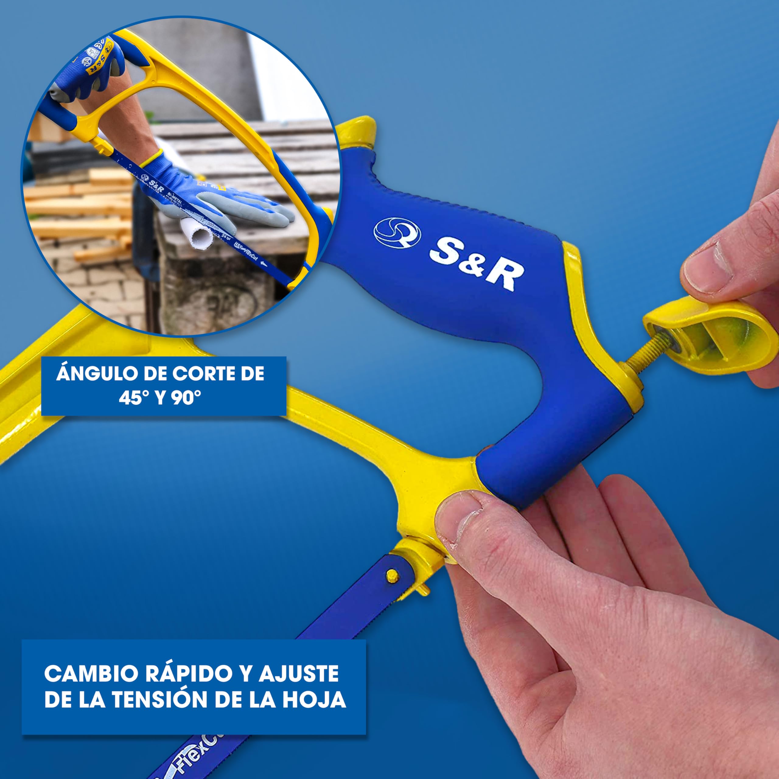 S&R Juego de sierra para metales (300 mm, 5 piezas, con 4 hojas de sierra de alto rendimiento, fabricado en Alemania, sierra de mano, sierra de metal, molibdeno bimetal 18/24 TPI)