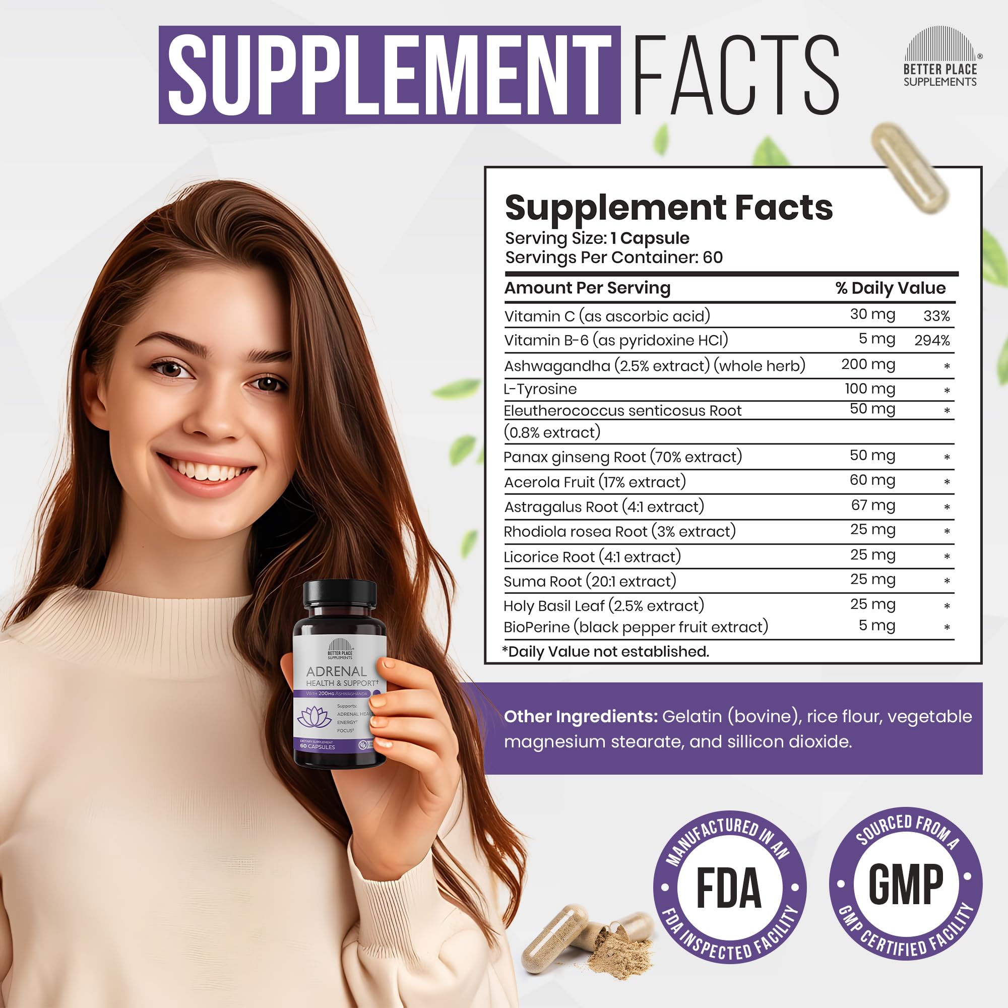 Better Place Supplements Adrenal Health & Support - 60 Capsules | Non-GMO Formula with L-Tyrosine & 200mg Ashwagandha | Supports Energy, Focus, Fatigue Relief (1) — Amazon image 6