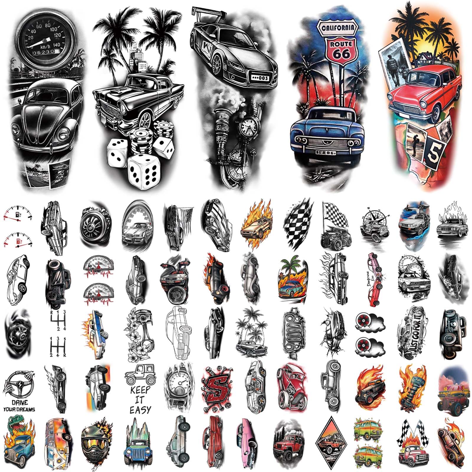 77 Sheets Car Temporary Tattoo Adult Teen Kid Realistic Half Sleeve Fake Tattoos Stickers Arm Body Art Makeup for Man Women - Image 2