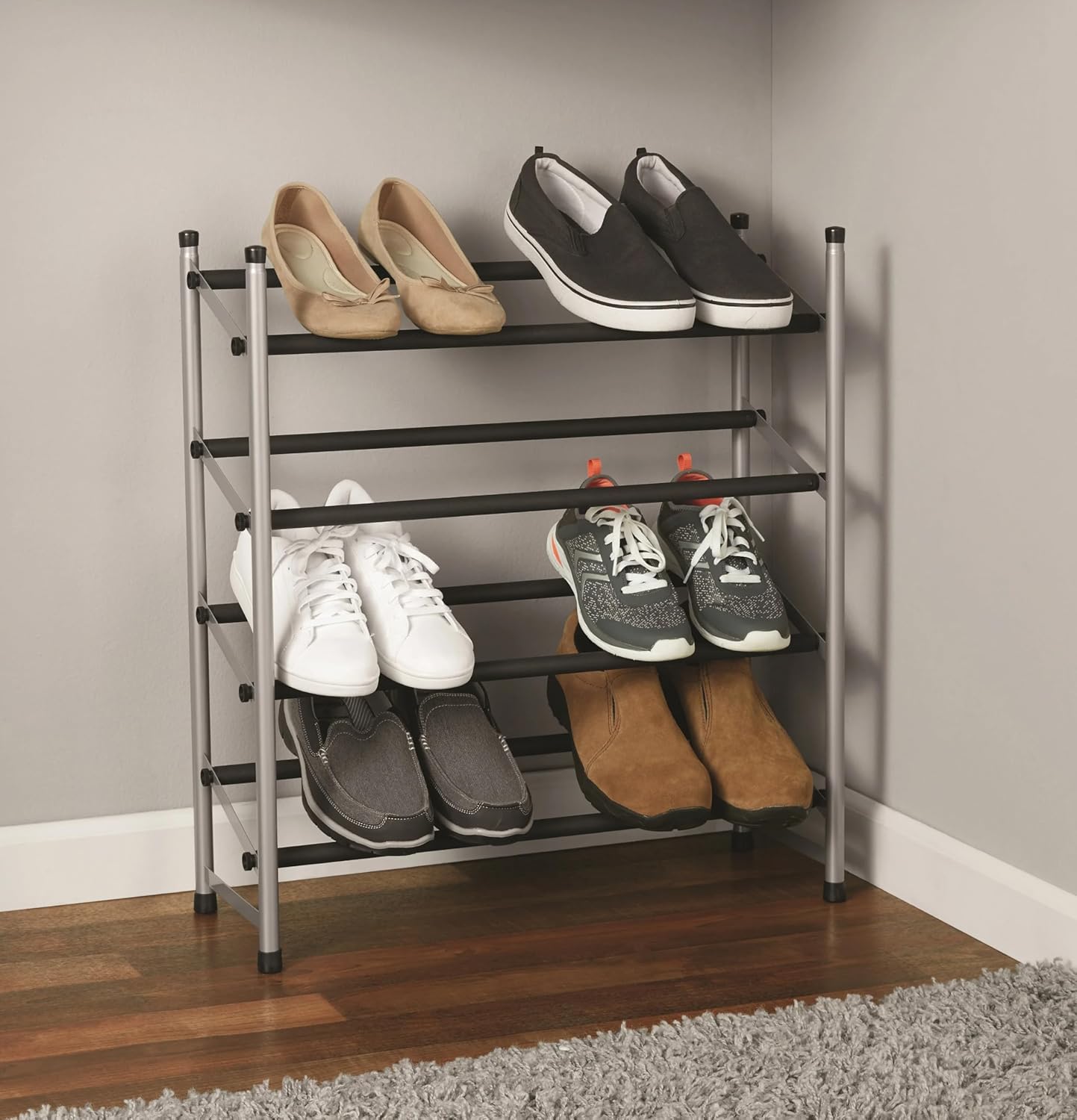 4 Tier Expandable Shoe Rack, 24.4" to 45.5" Wide x 9.1" Deep x 26.8" High – Metal Frame with Non-Slip Rods – Holds Up to 20 Pairs – Stackable Design – No-Tools Assembly – Black/Silver