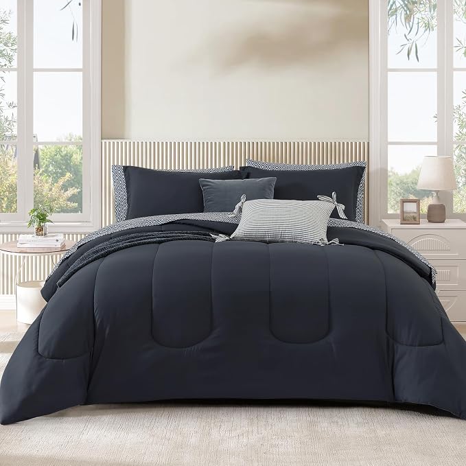Monbix King Size Comforter Set - 7 Pieces Bed in a Bag King, Grey Bedding Sets with Comforter, All Seasons Comforter Bed Set with Sheets, Pillowcases & Shams