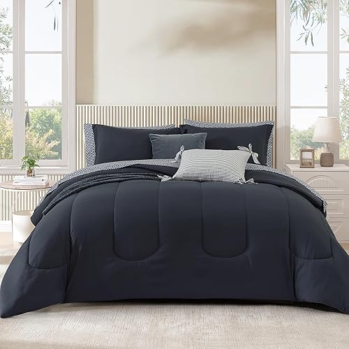 Monbix King Size Comforter Set - 7 Pieces Bed in a Bag King, Blue Grey Track Stitching Bedding Sets with Comforter, All Seasons Down Alternative Comforter Bed Set with Sheets, Pillowcases & Shams