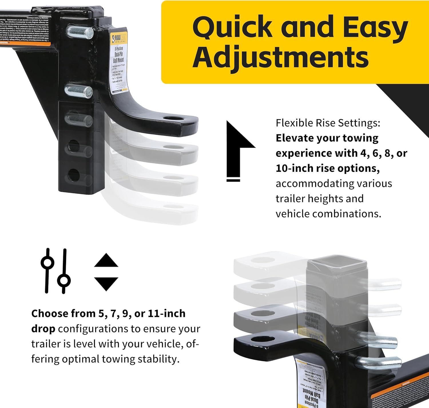 MaxxHaul 51043 Trailer Hitch and Hitch Pin - 8-Position Adjustable Ball Mount Tow Hitch - 5000 lbs. GTW Capacity, Black