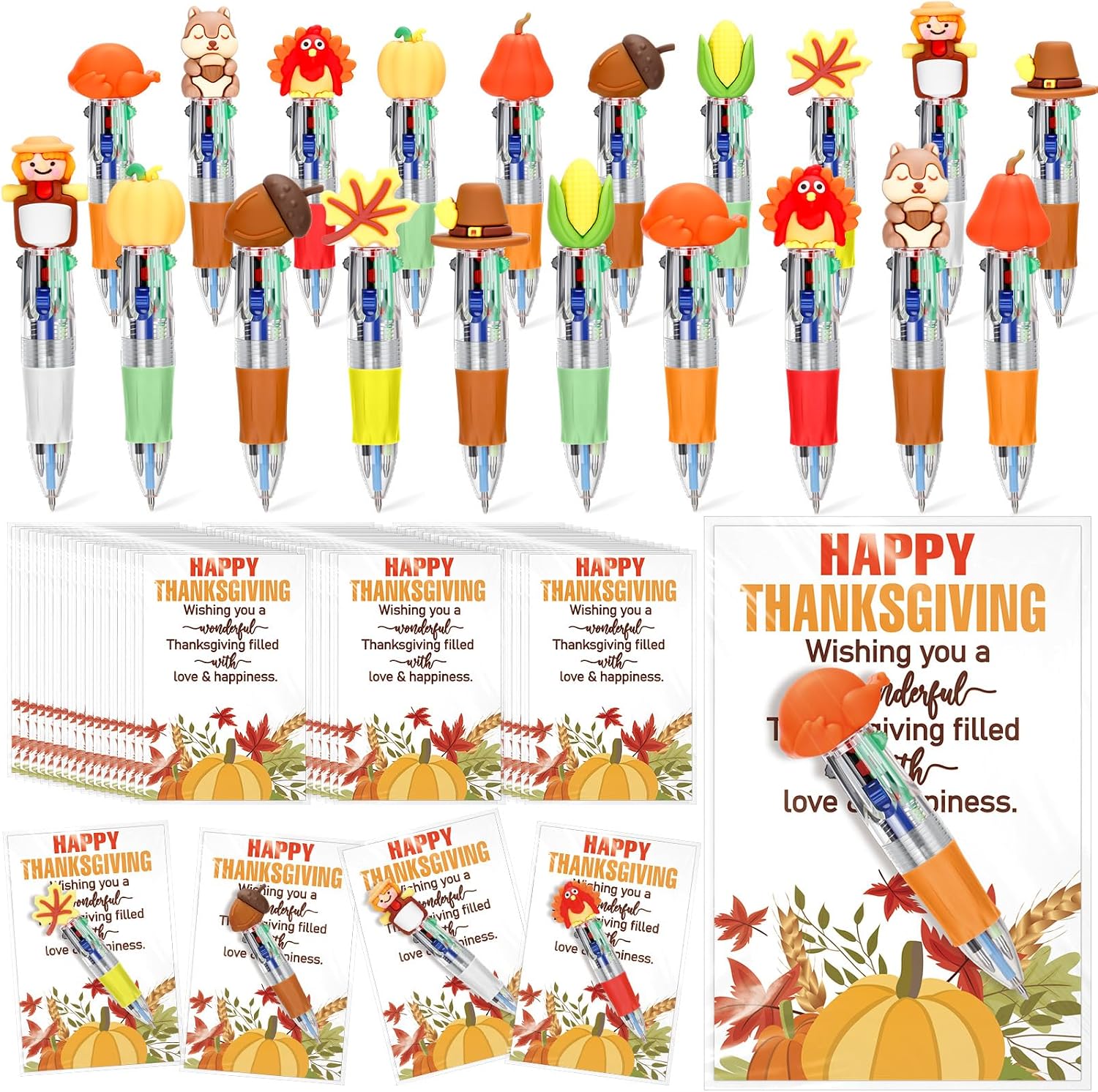Sayglossy 100 Sets Thanksgiving Gifts Bulk Include 4-in-1 Pen Multicolor Pen Cute Autumn Pumpkin Maple Greeting Card Thanksgiving Party Favor Fall Gifts for Reward Employee Coworker