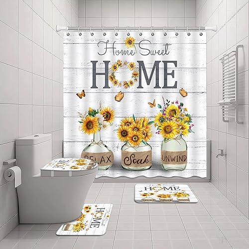 Miniatura 5 de ALEXEX Juego de 4 cortinas de ducha de girasol amarillo, juego de baño Home Sweet con cortina de ducha y alfombras y accesorios, cortina de ducha de