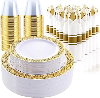 350 Piece Dinnerware Set for Wedding & Party,50 Guest Lace Design Plastic Plates,50 Plastic Silverware,50 Cups,50 Linen Like Napkins,50 Guest Disposable Dinnerware Set (Gold)