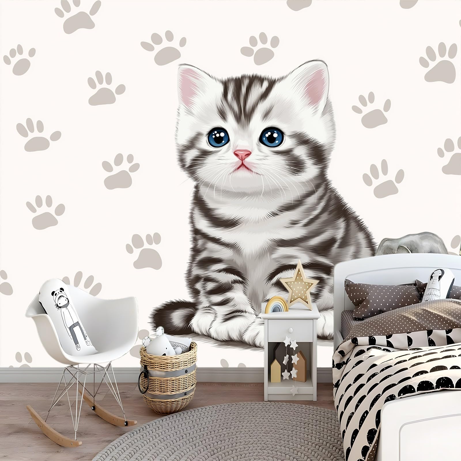 Uroczy kot tapeta ścienna, odciski łap dekoracja ścienna do sypialni meble do salonu, szara 250 x 175 cm wodoodporna tapeta do łazienki kuchni biura ściany