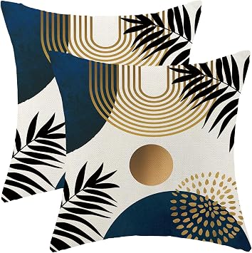 Boho Pillow Covers 16x16 Set of 2 Navy Blue Black Gold Tropical Leaf Geometric Throw Pillow Covers Outdoor Decor Mid Century Modern Abstract Pillowcase Decorative Cushion Case for Home Couch
