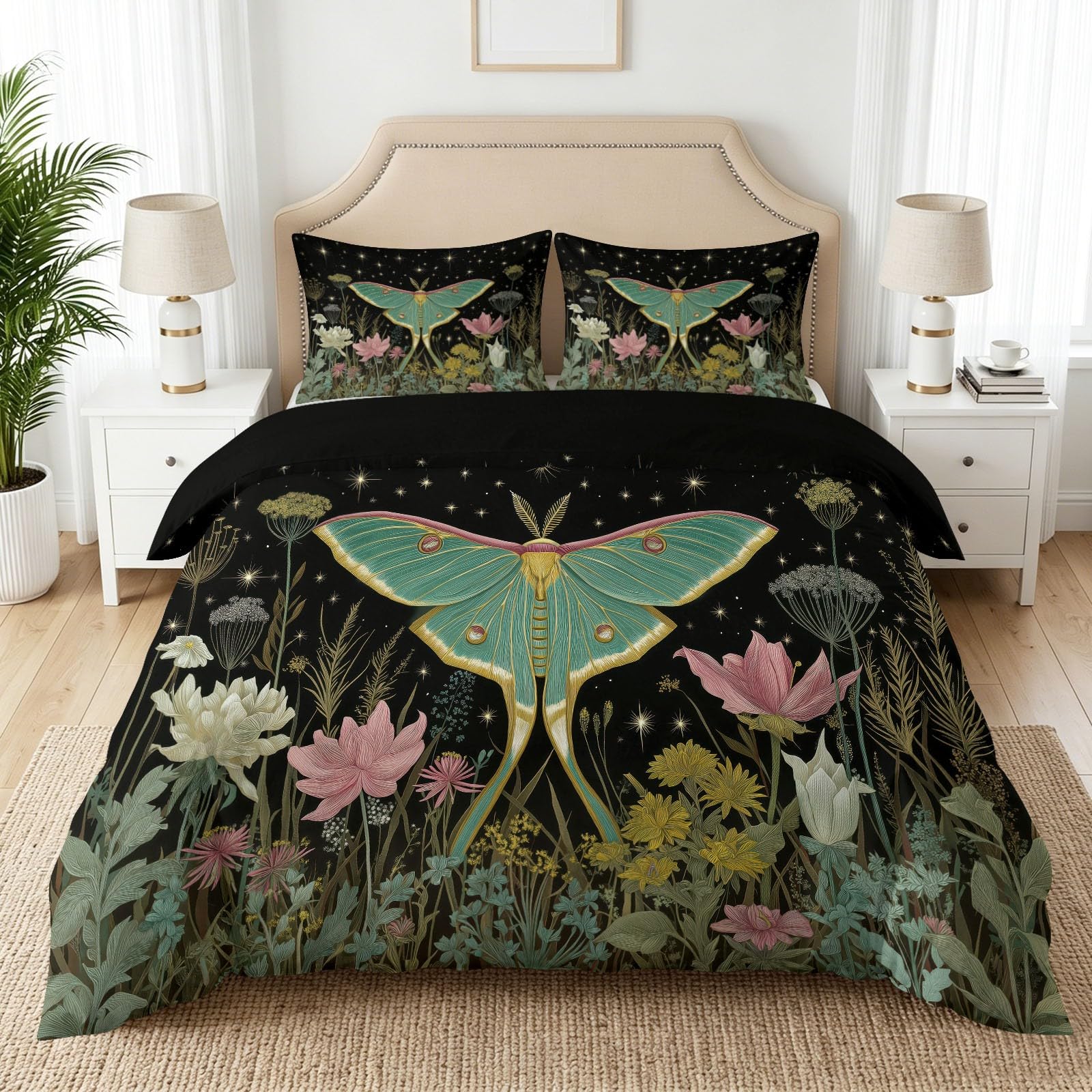 Housse de couette 240 x 260 cm imprimé plantes avec 2 taies d'oreiller