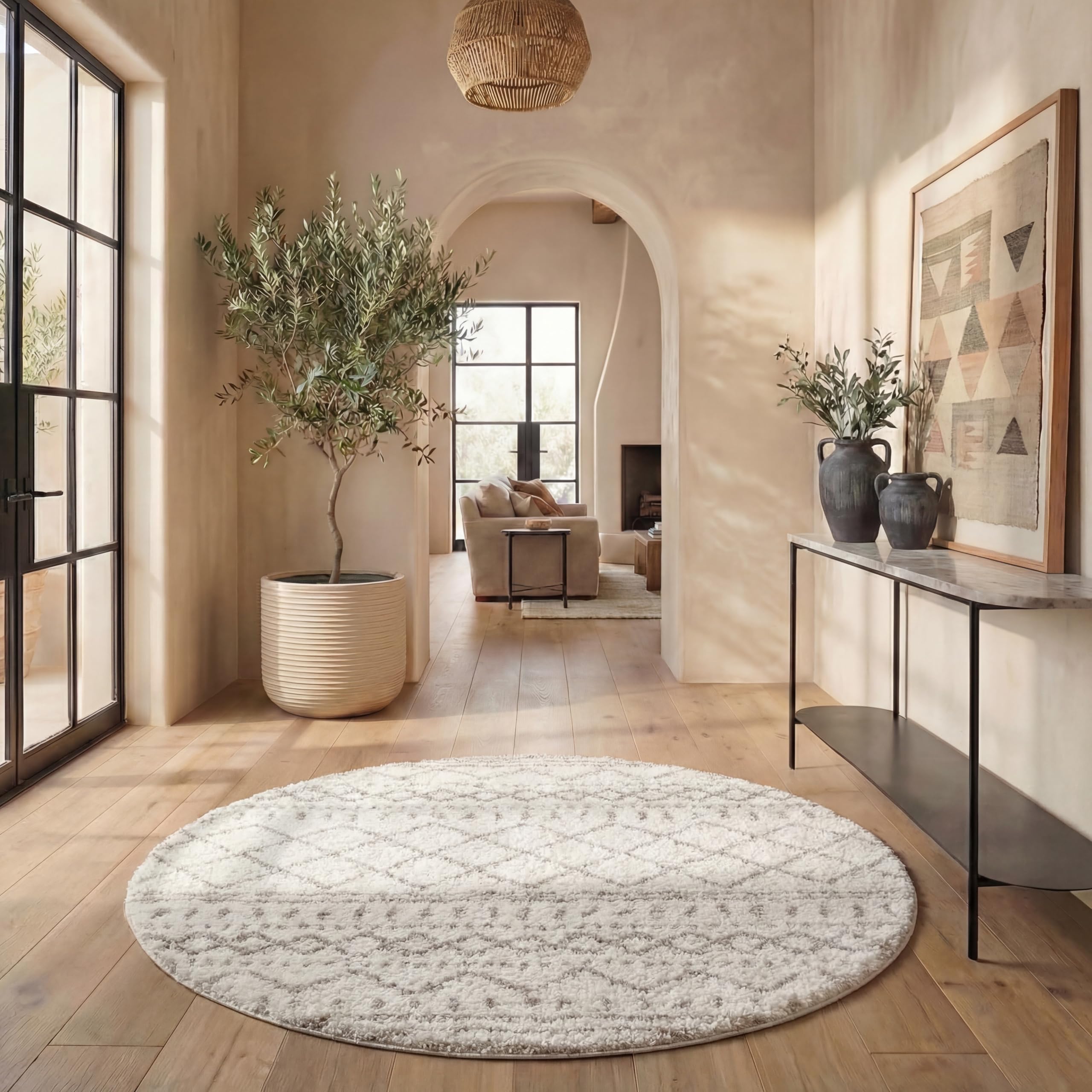 SAFAVIEH Arizona Shag Round Rug 4', Soft Plush Boho Ivory &amp; Beige ASG741A