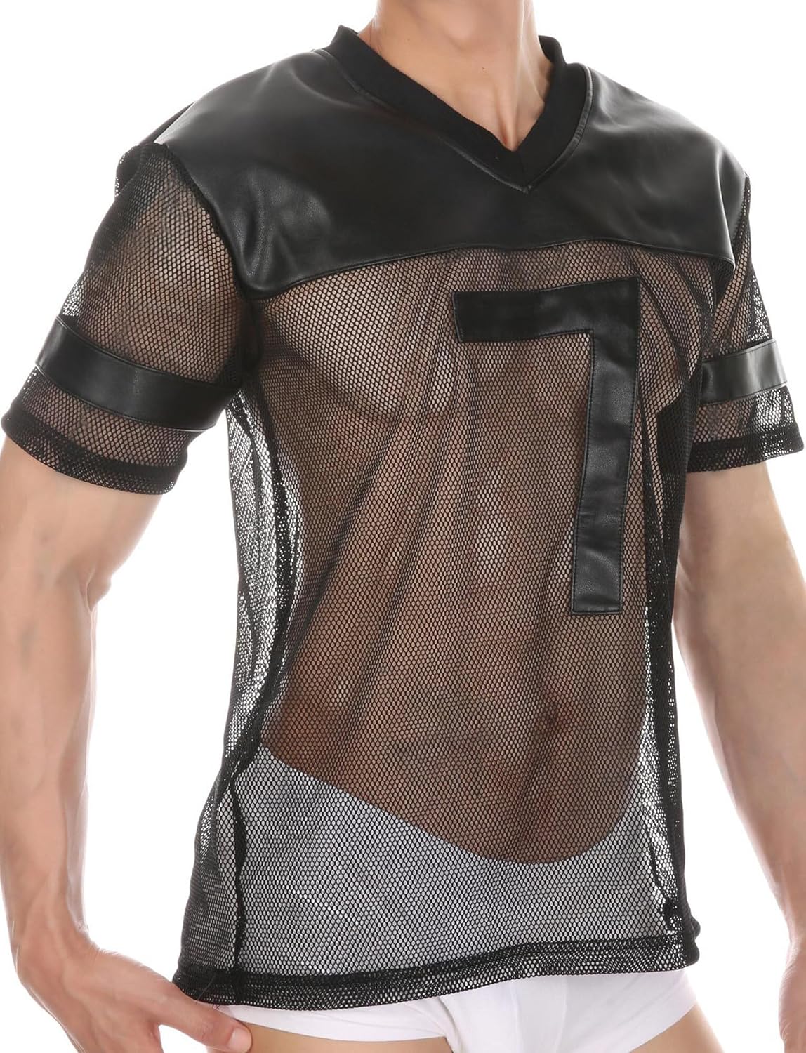 FEOYA See Through Fishnet Top Mesh T Shirts for Men Transparent Pu Tee Round Neck Long Short Sleeve Party Club Top