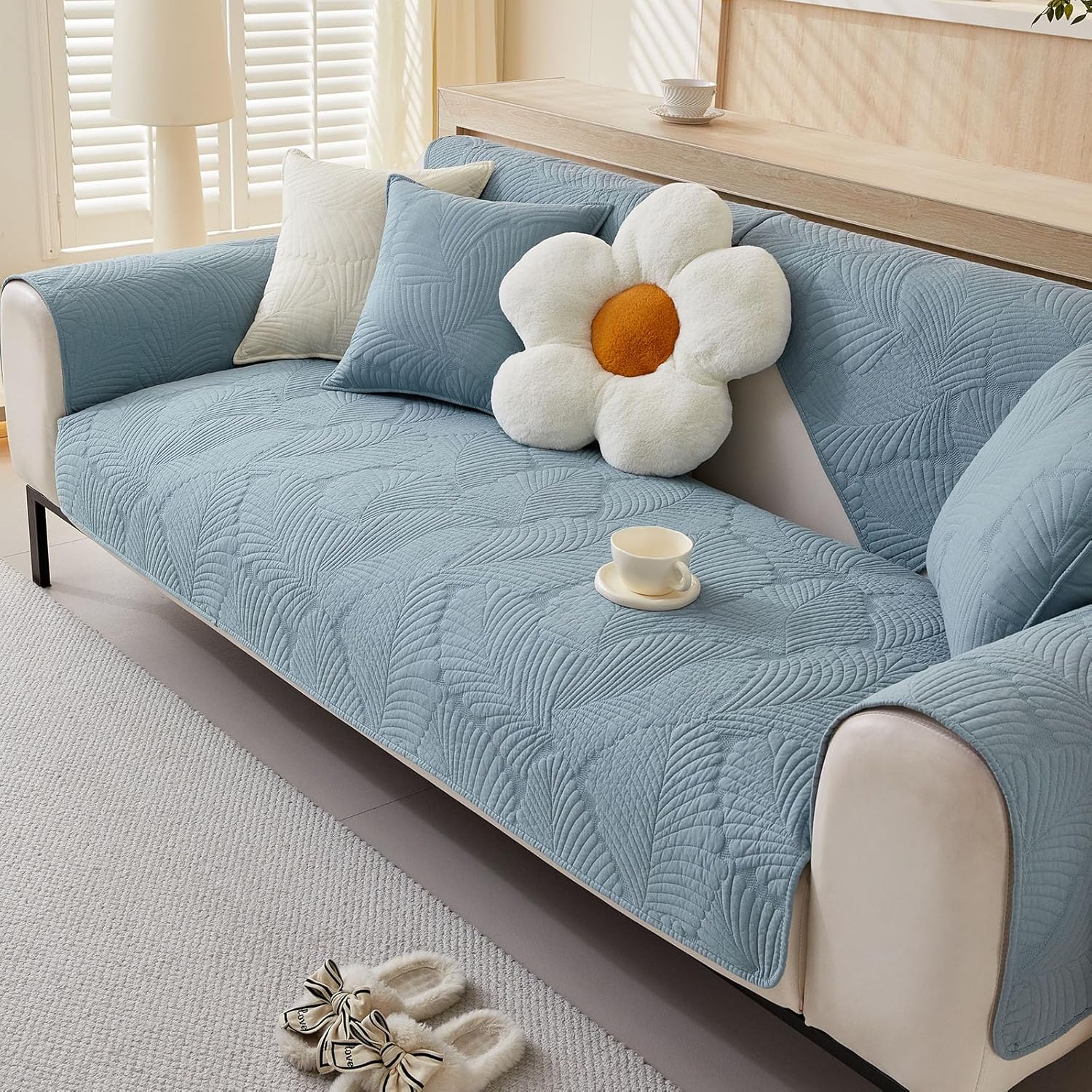 VCTOPS Soft Cotton Quilted Couch Cover Neutral Leaf Embroidery Sofa Cover Anti Slip Sectional Couch Washable Sofa Slipcover for Dogs, Children, Pets Furniture Protector (Blue, 36"x47")