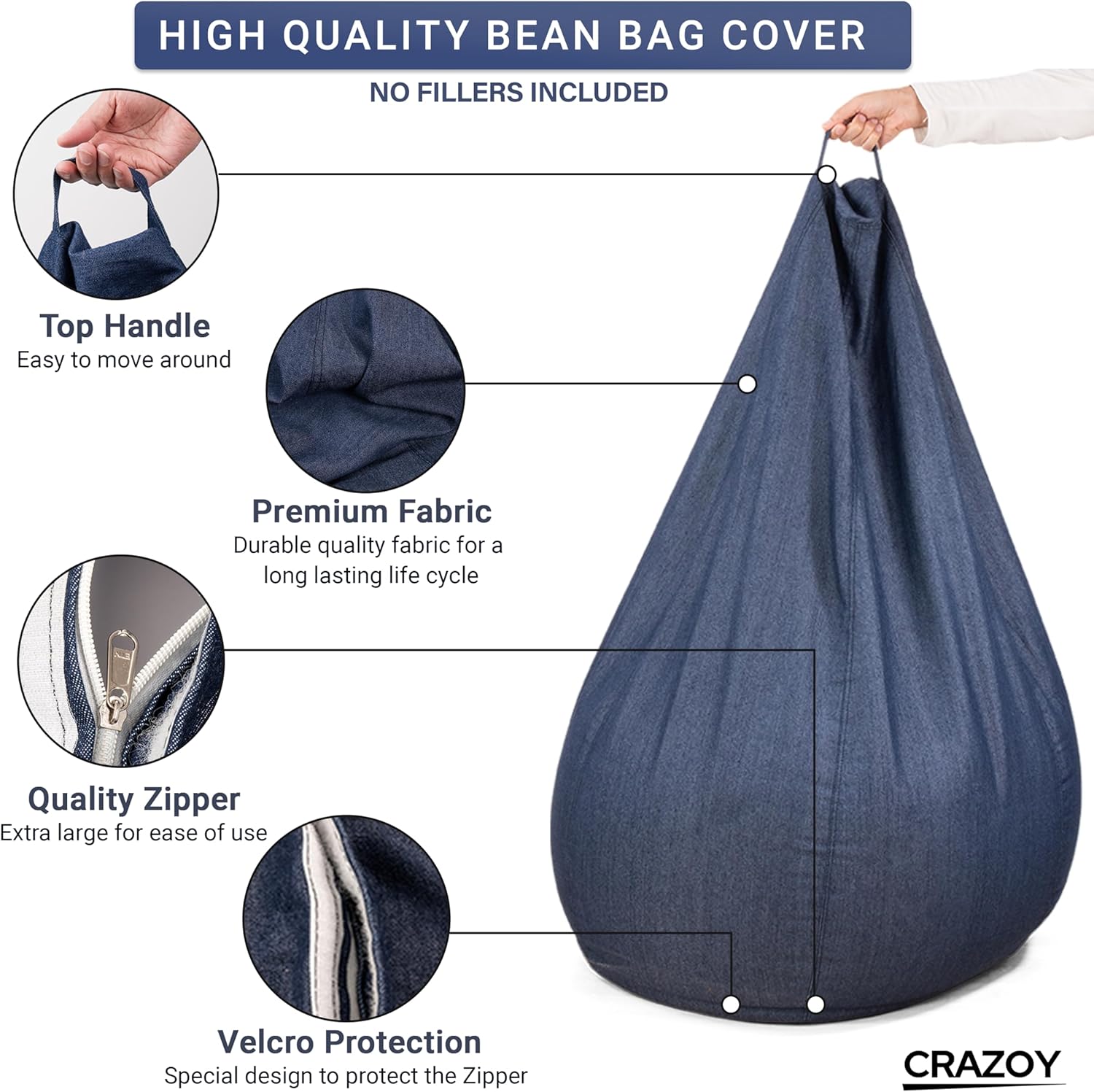 Denim Bean Bag Cover (No Fillers) for Adults/Teens (Large)