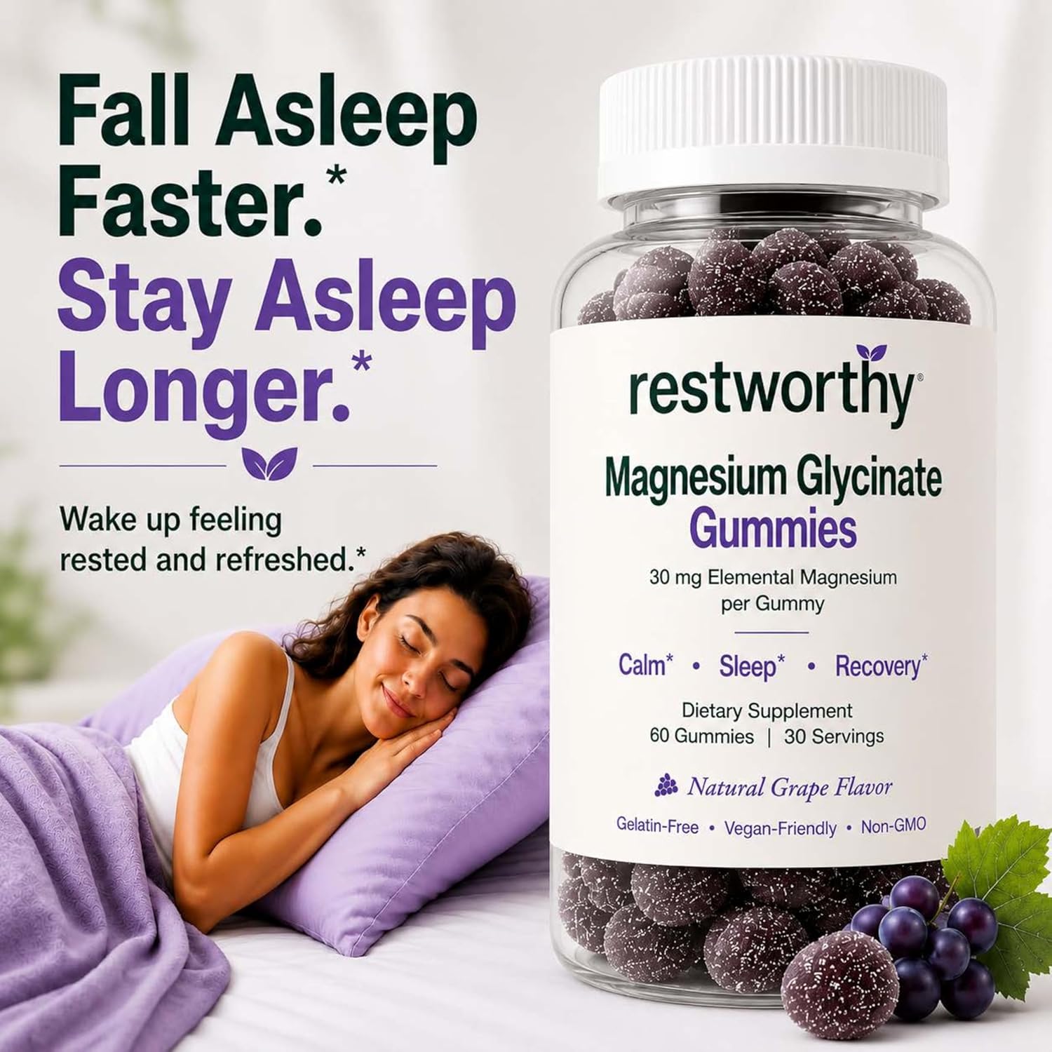 Magnesium Glycinate Gummies for Sleep & Calm – Highly Absorbable, Gentle on Stomach, Vegan, 60 Gummies (30 Servings)