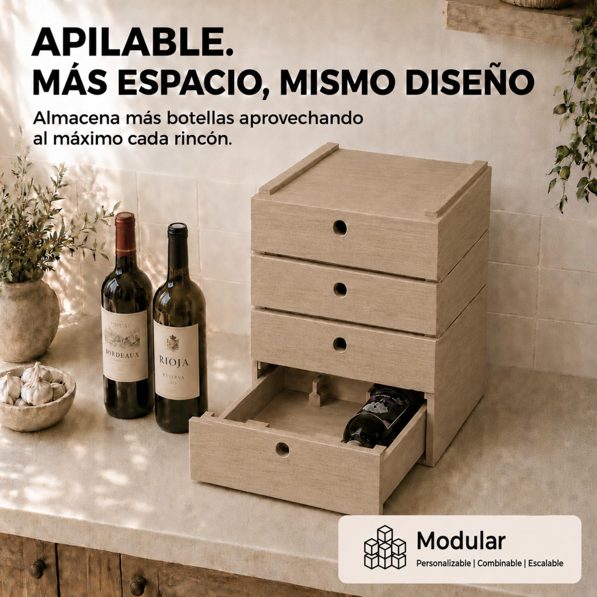 246000 - Botellero Caja para 6 Botellas, Madera, Color Roble Claro