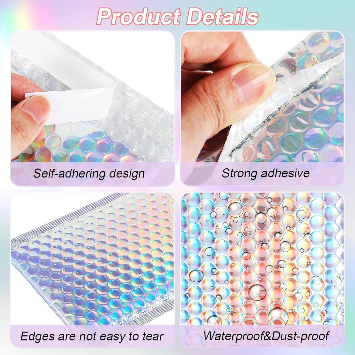 60 Pcs Holographic Bubble Mailers Metallic Bubble Envelopes Waterproof Self Seal Shipping Bags Thick Cushioning Mailers for Makeup Jewelry Small Business Packaging, Rainbow Color