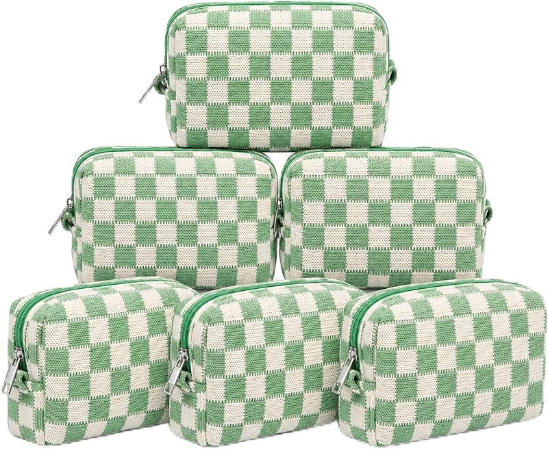 Necessaires SOIDRAM retangulares de poliéster com zíper, padrão xadrez verde-menta, Pacote com 6