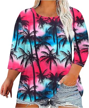 Summer Tops for Women 3/4 Sleeve Trendy Oversized Travel Floral Print Blouses Casual Spring Plus Size Shirts Clothing